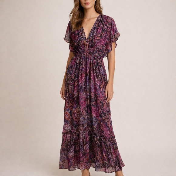 Misa Los Angeles Dresses & Skirts - Misa Los Angeles Purple-Pink Printed V-Neck Midi Dress